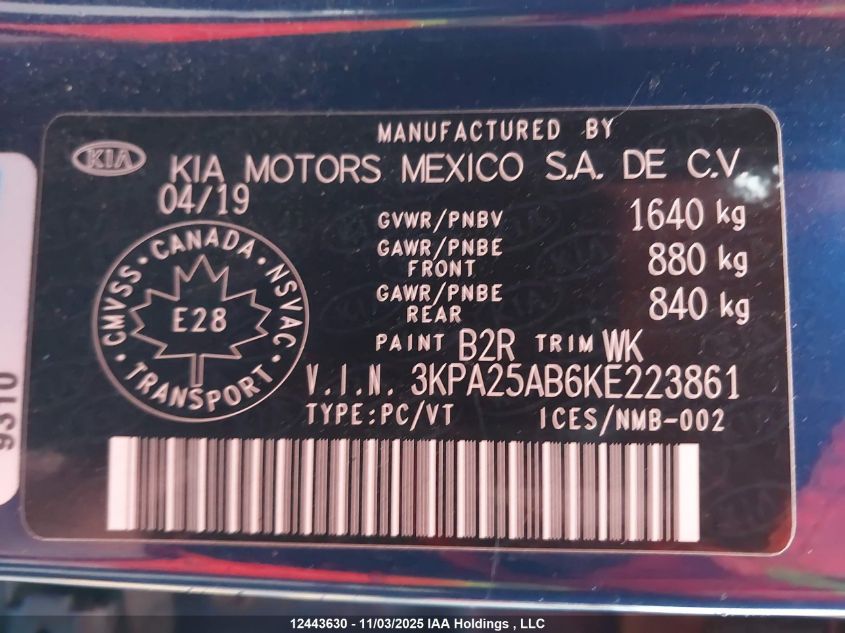 2019 Kia Rio S VIN: 3KPA25AB6KE223861 Lot: 12443630