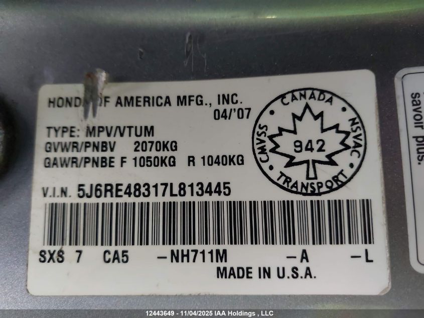 2007 Honda Cr-V Lx VIN: 5J6RE48317L813445 Lot: 12443649