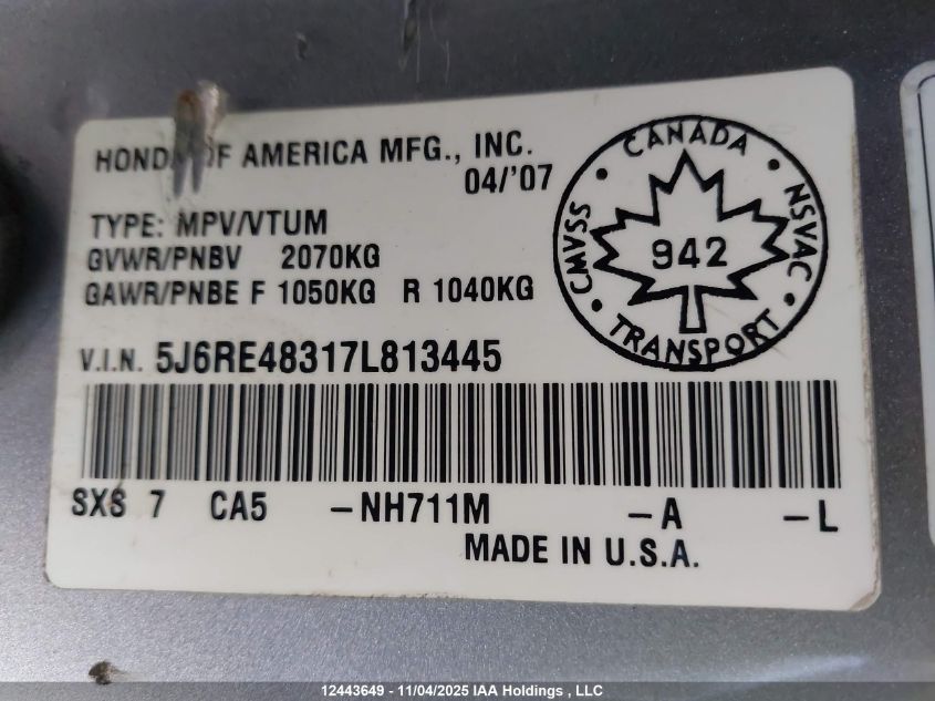 2007 Honda Cr-V Lx VIN: 5J6RE48317L813445 Lot: 12443649