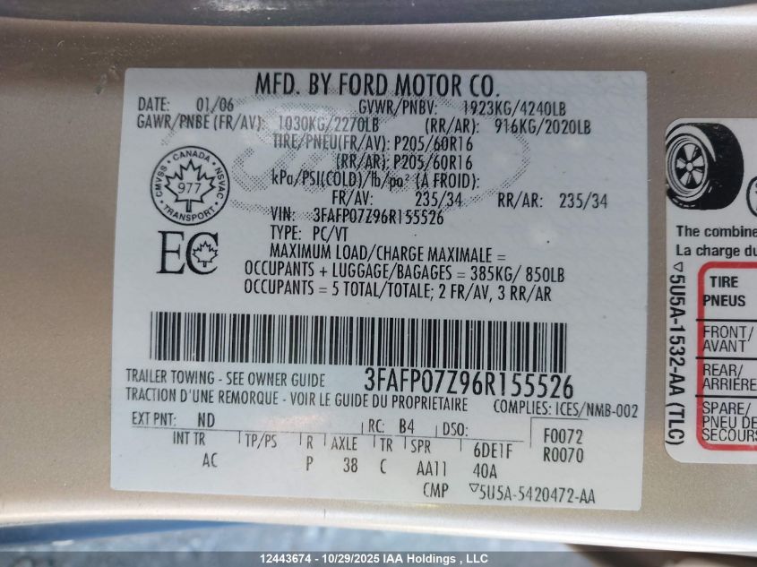 2006 Ford Fusion Se VIN: 3FAFP07Z96R155526 Lot: 12443674