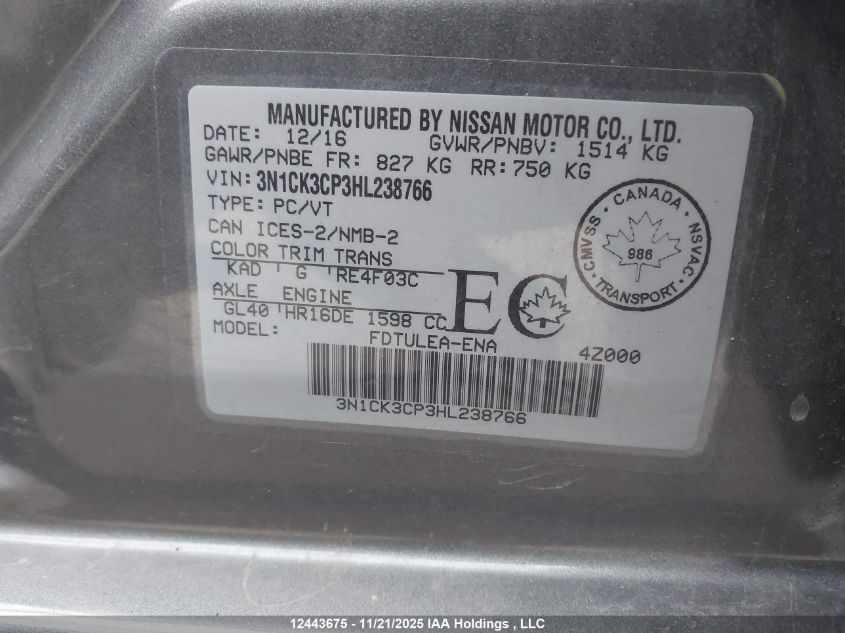 2017 Nissan Micra S/Sr/Sv VIN: 3N1CK3CP3HL238766 Lot: 12443675