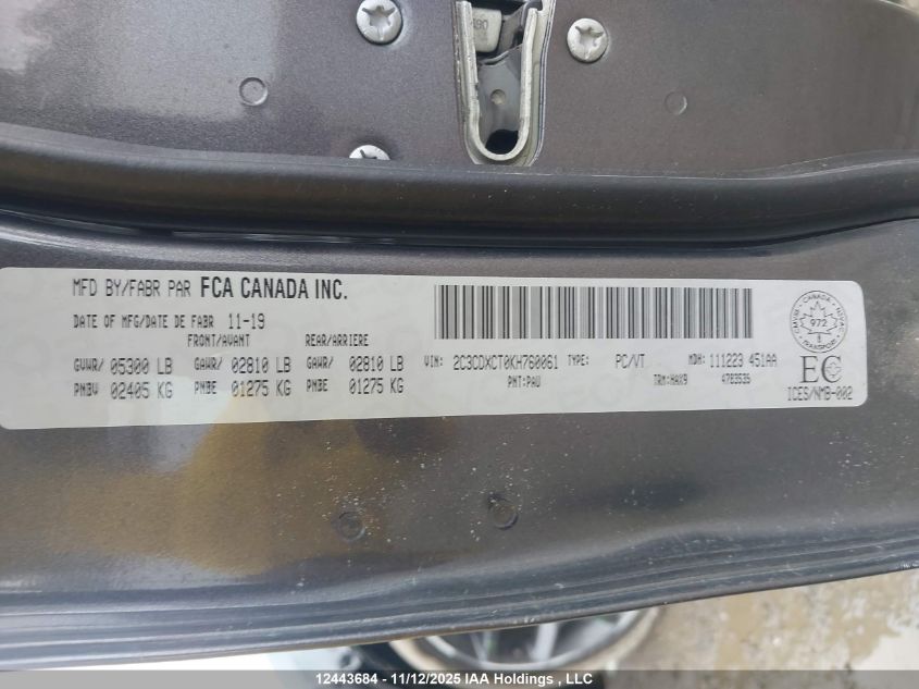 2019 Dodge Charger R/T VIN: 2C3CDXCT0KH760061 Lot: 12443684