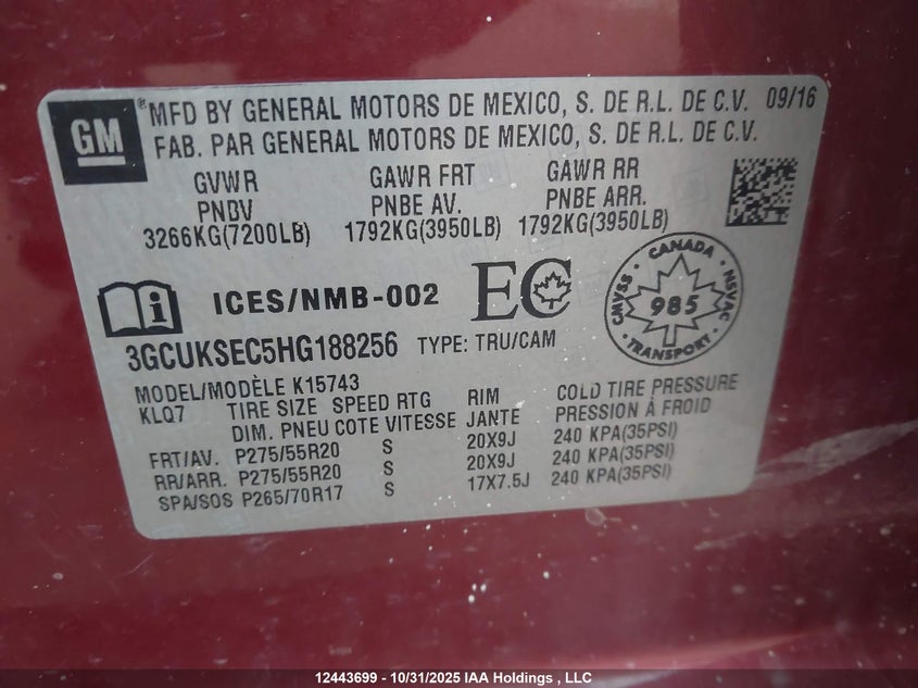 2017 Chevrolet Silverado K1500 Ltz VIN: 3GCUKSEC5HG188256 Lot: 12443699