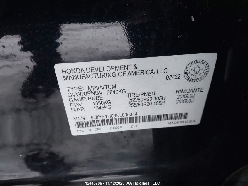 2022 Acura Mdx A-Spec VIN: 5J8YE1H06NL805314 Lot: 12443706