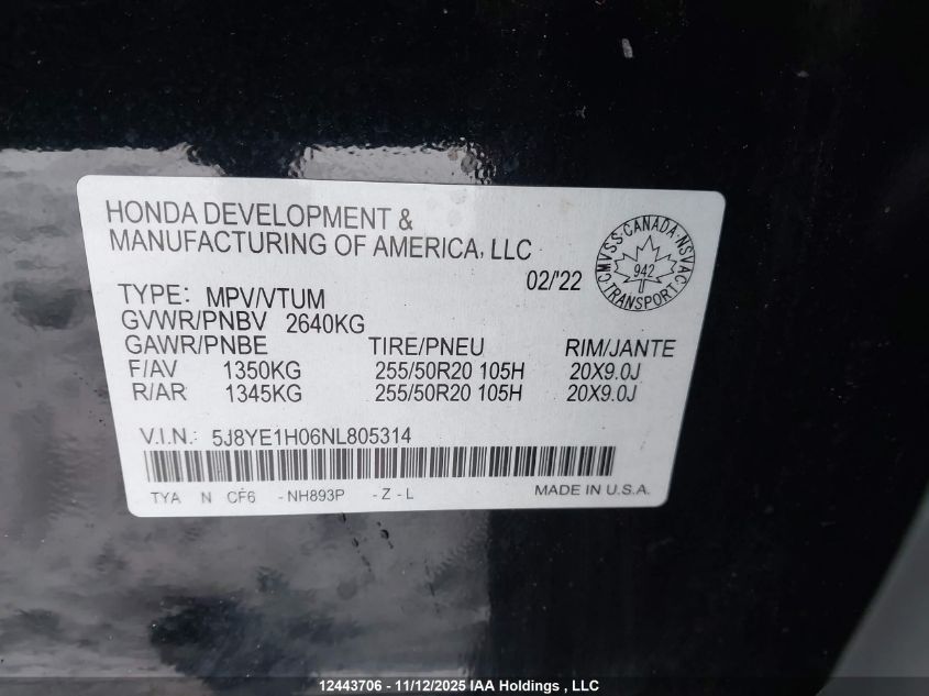 2022 Acura Mdx A-Spec VIN: 5J8YE1H06NL805314 Lot: 12443706