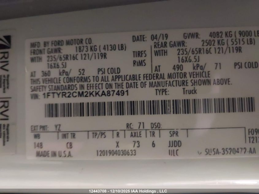 2019 Ford Transit-250 VIN: 1FTYR2CM2KKA87491 Lot: 12443708