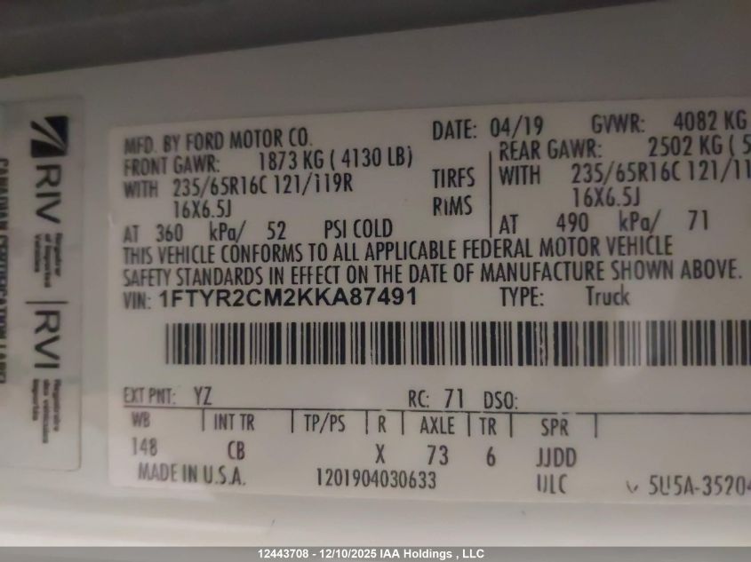 2019 Ford Transit-250 VIN: 1FTYR2CM2KKA87491 Lot: 12443708