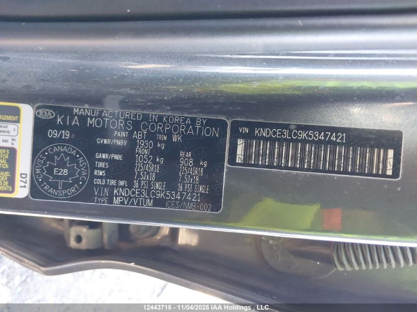 2019 Kia Niro Sx Touring VIN: KNDCE3LC9K5347421 Lot: 12443715