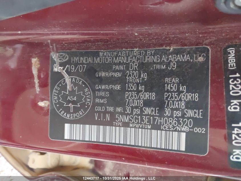 2007 Hyundai Santa Fe Gl VIN: 5NMSG13E17H086320 Lot: 12443717