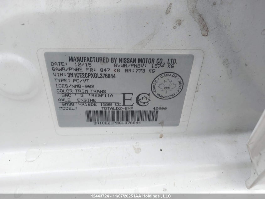 3N1CE2CPXGL376644 2016 NISSAN VERSA photo no. 9