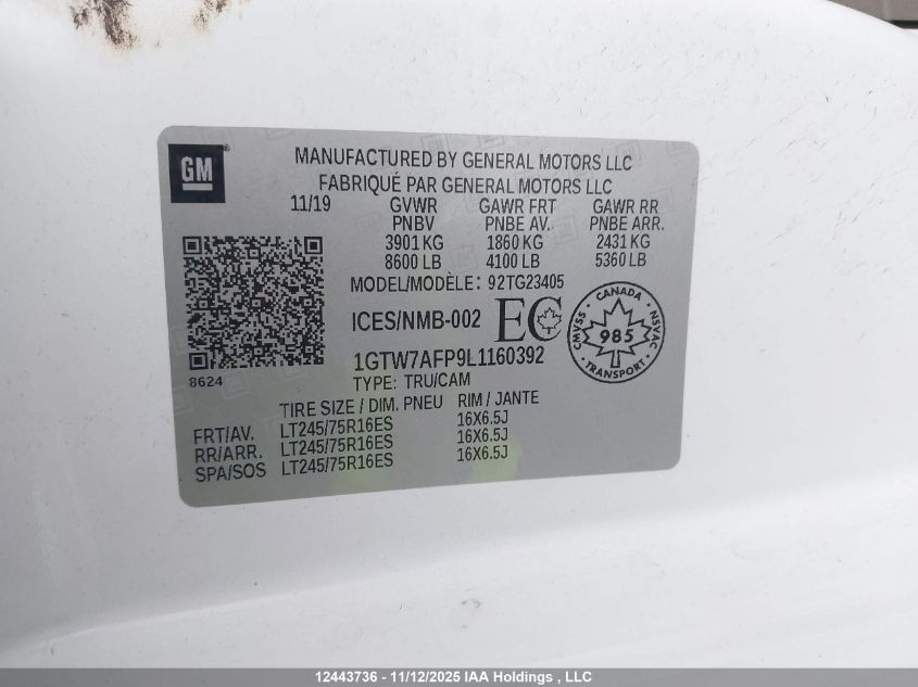 2020 GMC GMC VIN: 1GTW7AFP9L1160392 Lot: 12443736