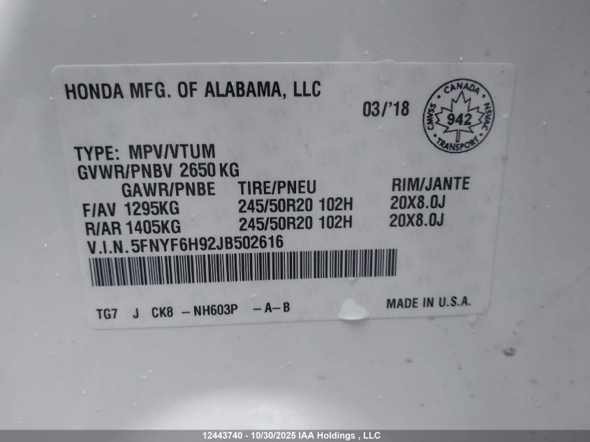 2018 Honda Pilot Touring VIN: 5FNYF6H92JB502616 Lot: 12443740