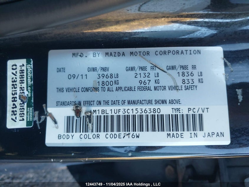 2012 Mazda Mazda3 Gx VIN: JM1BL1UF3C1536380 Lot: 12443749