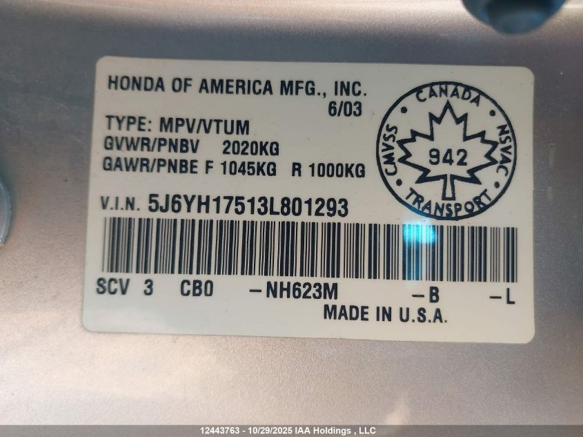 2003 Honda Element Ex VIN: 5J6YH17513L801293 Lot: 12443763