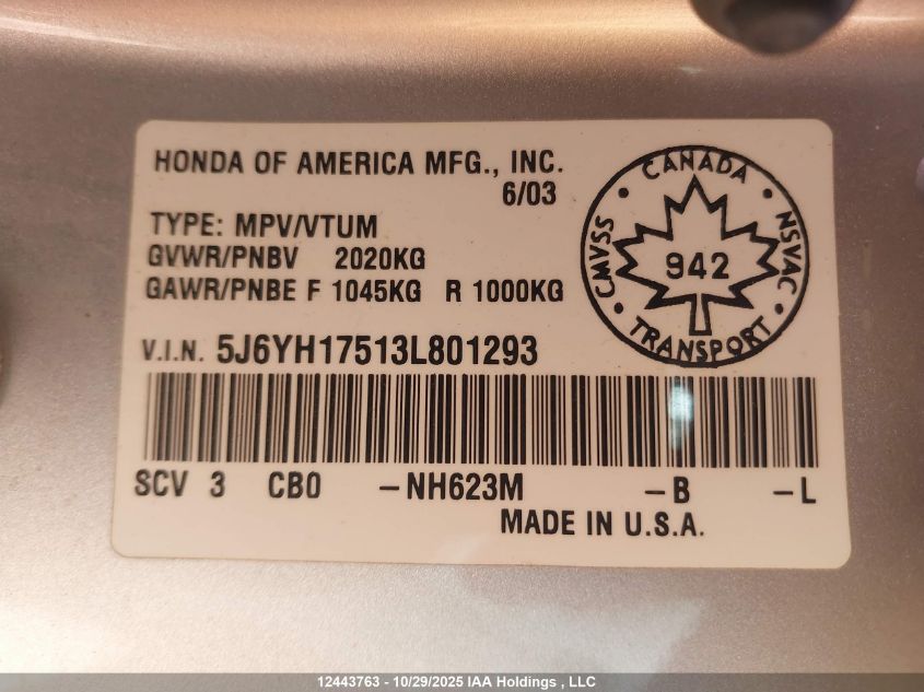 2003 Honda Element Ex VIN: 5J6YH17513L801293 Lot: 12443763