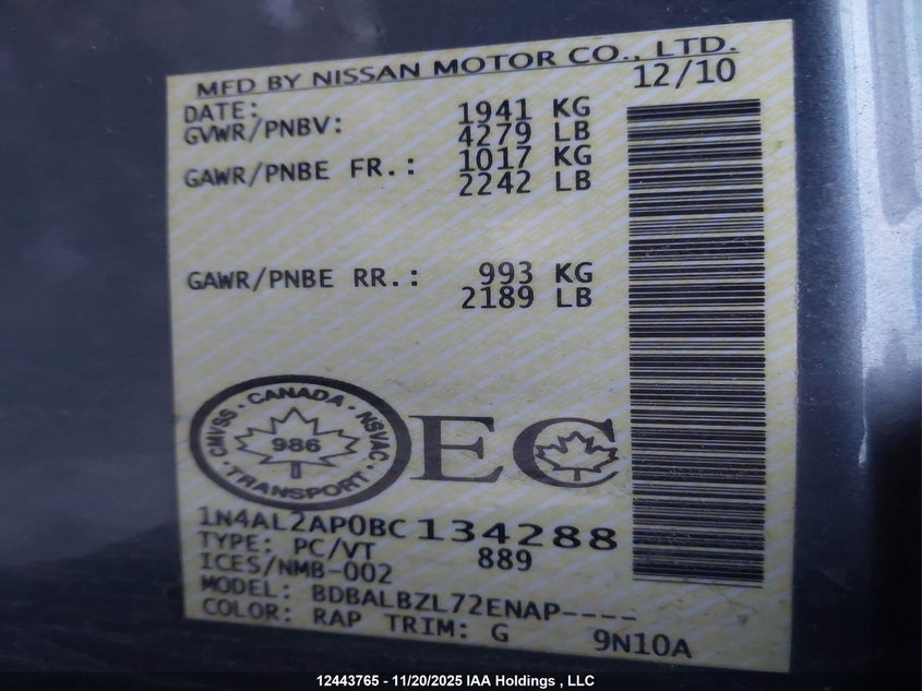 1N4AL2AP0BC134288 2011 NISSAN ALTIMA photo no. 9