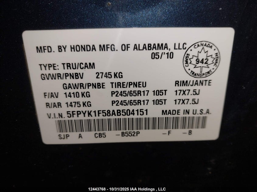 5FPYK1F58AB504151 2010 HONDA RIDGELINE photo no. 10