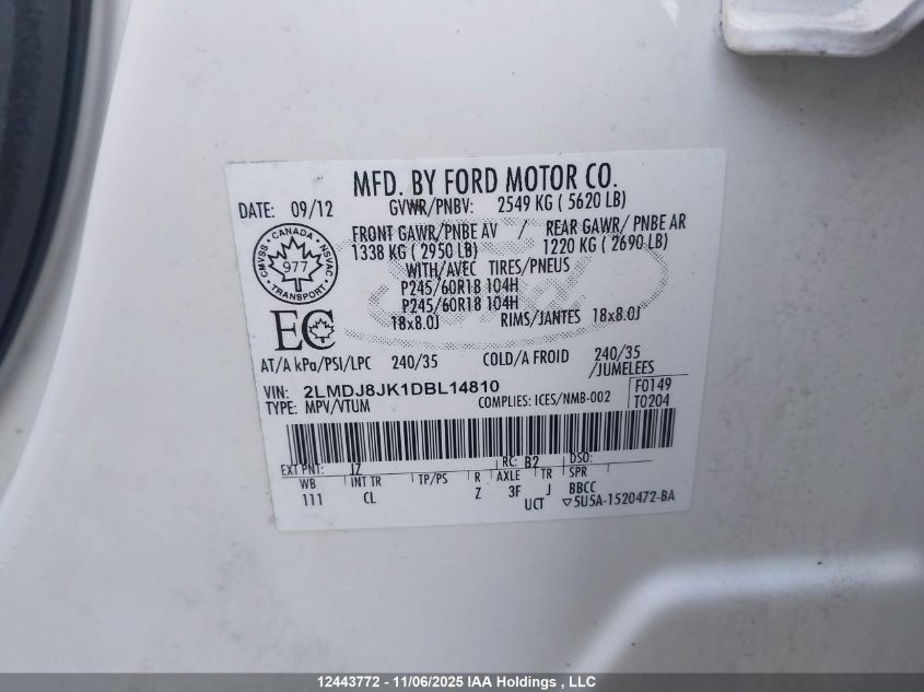 2013 Lincoln Mkx VIN: 2LMDJ8JK1DBL14810 Lot: 12443772