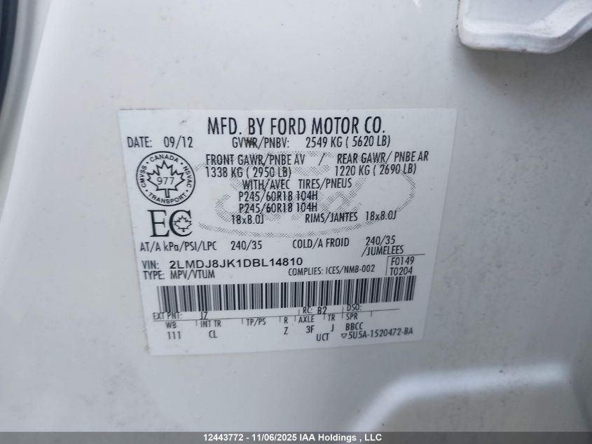 2013 Lincoln Mkx VIN: 2LMDJ8JK1DBL14810 Lot: 12443772