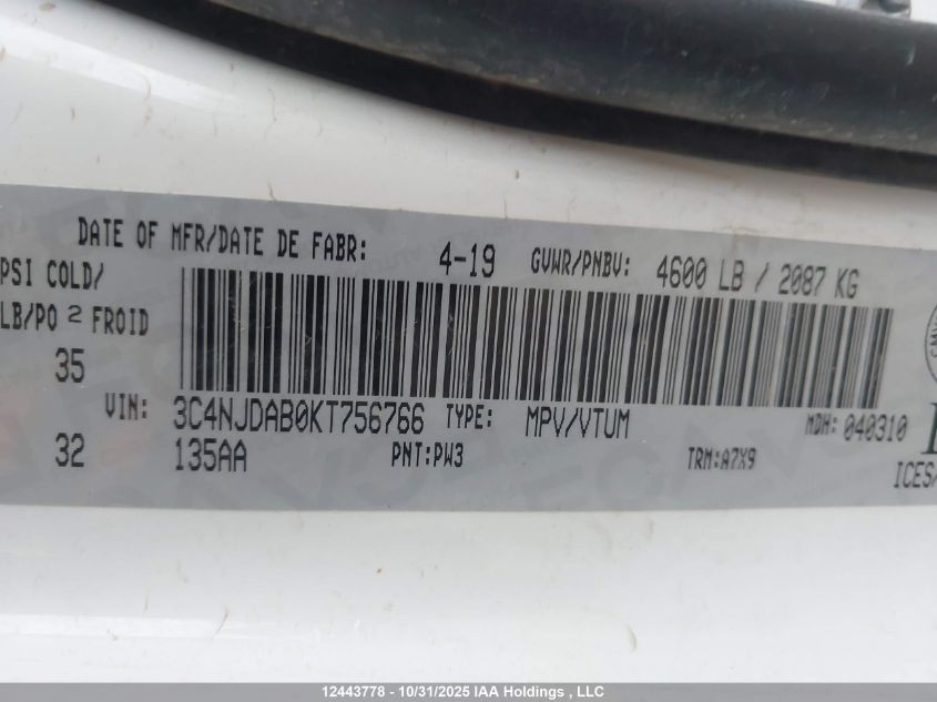 2019 Jeep Compass Sport VIN: 3C4NJDAB0KT756766 Lot: 12443778