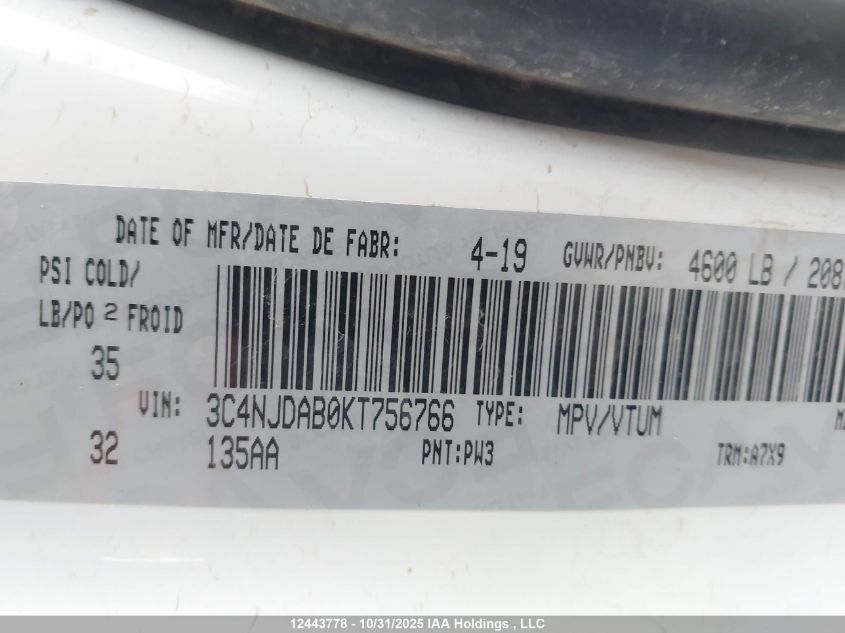 2019 Jeep Compass Sport VIN: 3C4NJDAB0KT756766 Lot: 12443778