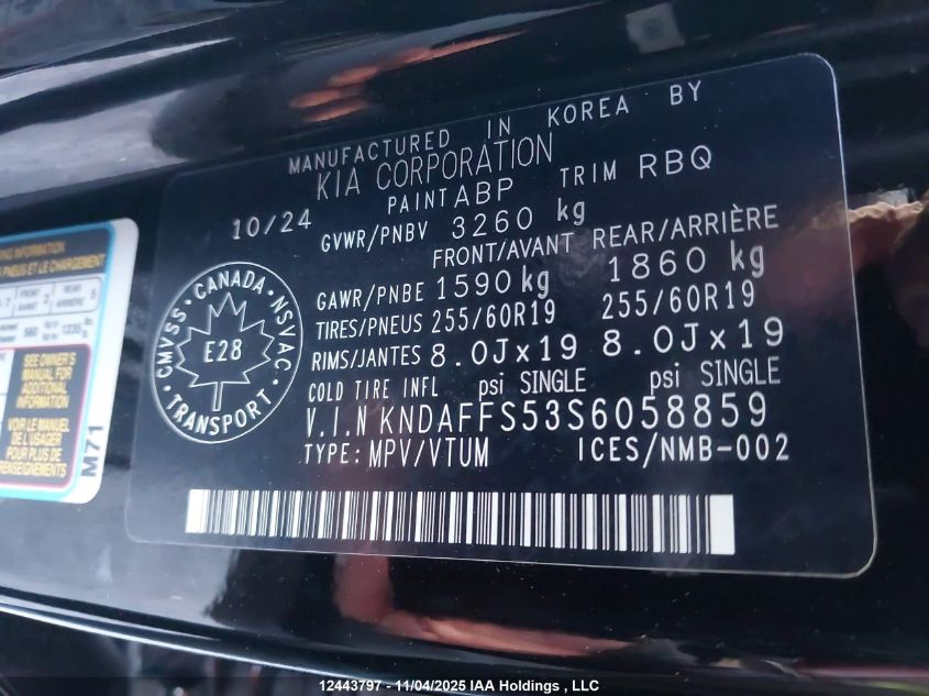 2025 Kia Ev9 VIN: KNDAFFS53S6058859 Lot: 12443797