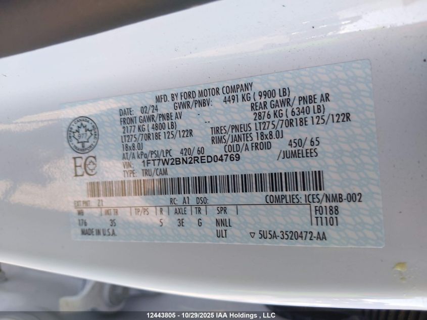 2024 Ford F250 Super Duty VIN: 1FT7W2BN2RED04769 Lot: 12443805