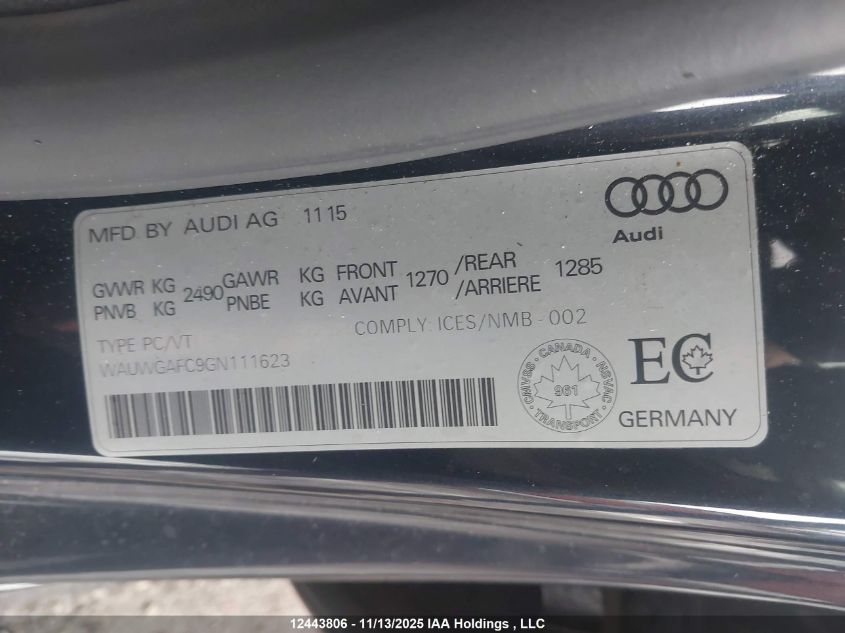 2016 Audi A7 VIN: WAUWGAFC9GN111623 Lot: 12443806