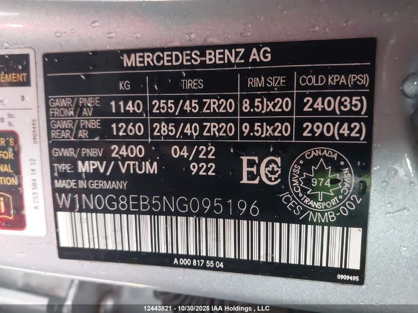 2022 Mercedes-Benz Glc 300 4Matic VIN: W1N0G8EB5NG095196 Lot: 12443821