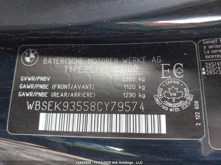 2008 BMW M6 VIN: WBSEK93558CY79574 Lot: 12443824