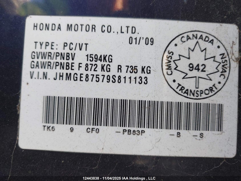 2009 Honda Fit Lx VIN: JHMGE87579S811133 Lot: 12443838