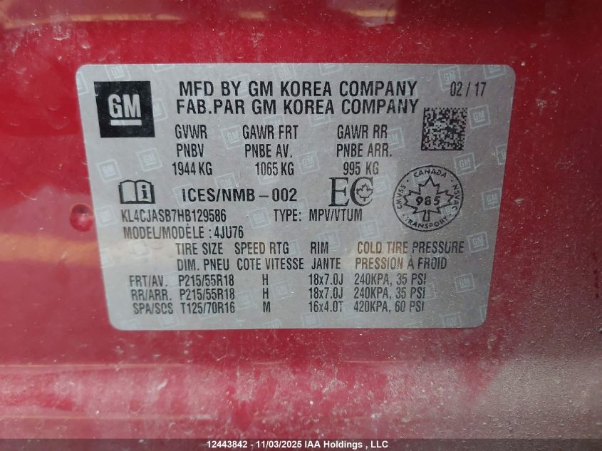 2017 Buick Encore VIN: KL4CJASB7HB129586 Lot: 12443842