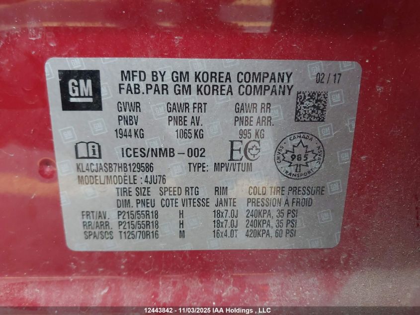 2017 Buick Encore VIN: KL4CJASB7HB129586 Lot: 12443842