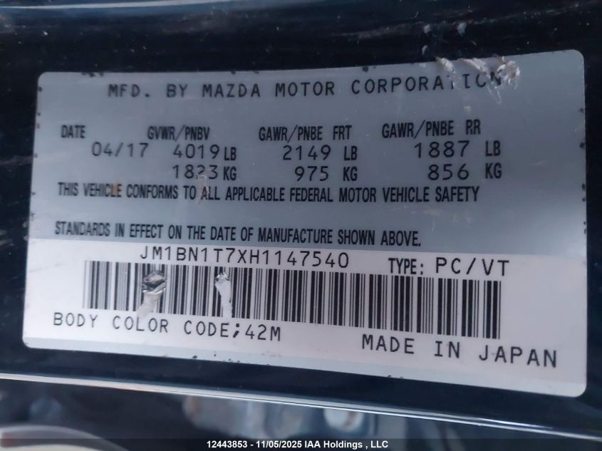 2017 Mazda Mazda3 Se VIN: JM1BN1T7XH1147540 Lot: 12443853