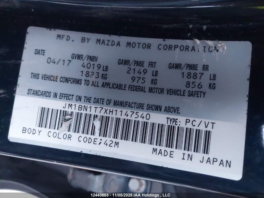 2017 Mazda Mazda3 Se VIN: JM1BN1T7XH1147540 Lot: 12443853