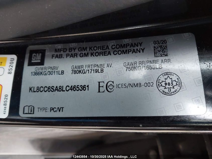 2020 Chevrolet Spark 1Lt VIN: KL8CC6SA8LC465361 Lot: 12443854