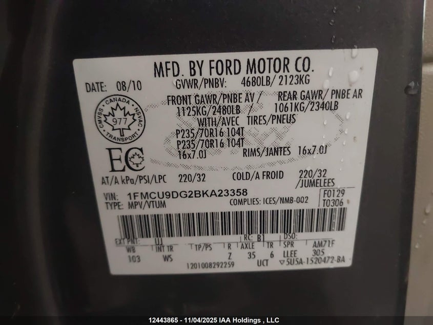 1FMCU9DG2BKA23358 2011 FORD ESCAPE photo no. 9