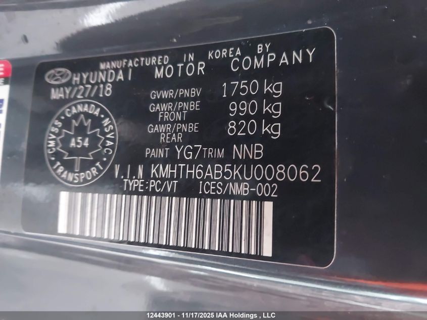 2019 Hyundai Veloster Turbo/Turbo R-Spec/Turbo Ultimate VIN: KMHTH6AB5KU008062 Lot: 12443901