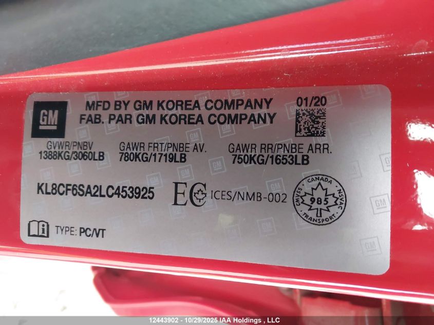 2020 Chevrolet Spark 2Lt VIN: KL8CF6SA2LC453925 Lot: 12443902