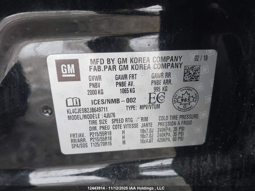 2018 Buick Encore Preferred VIN: KL4CJESB2JB649711 Lot: 12443914