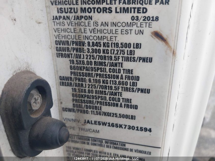 2019 Isuzu Nrr VIN: JALE5W165K7301594 Lot: 12443917