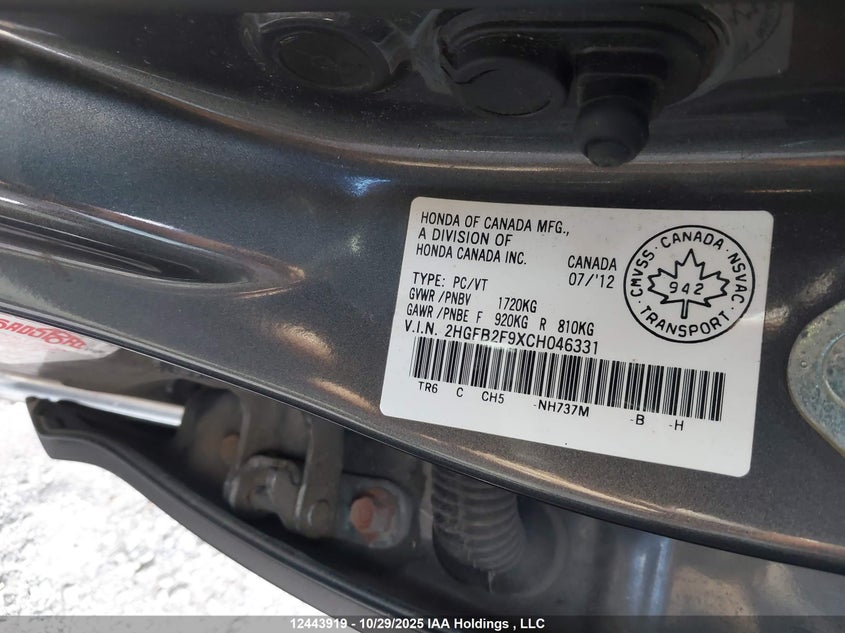 2HGFB2F9XCH046331 2012 HONDA CIVIC photo no. 9