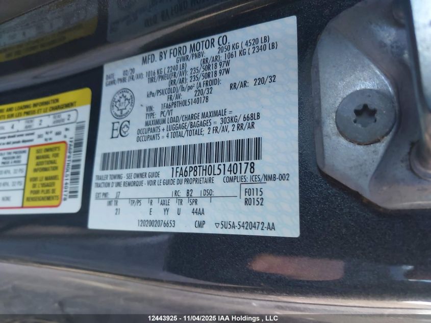 2020 Ford Mustang Ecoboost VIN: 1FA6P8TH0L5140178 Lot: 12443925