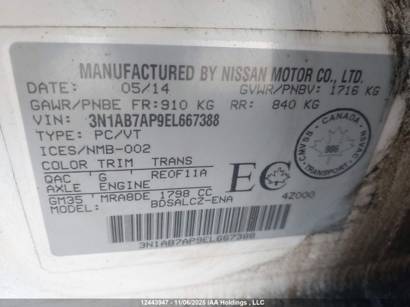 2014 Nissan Sentra S/Sv/Sr/Sl VIN: 3N1AB7AP9EL667388 Lot: 12443947