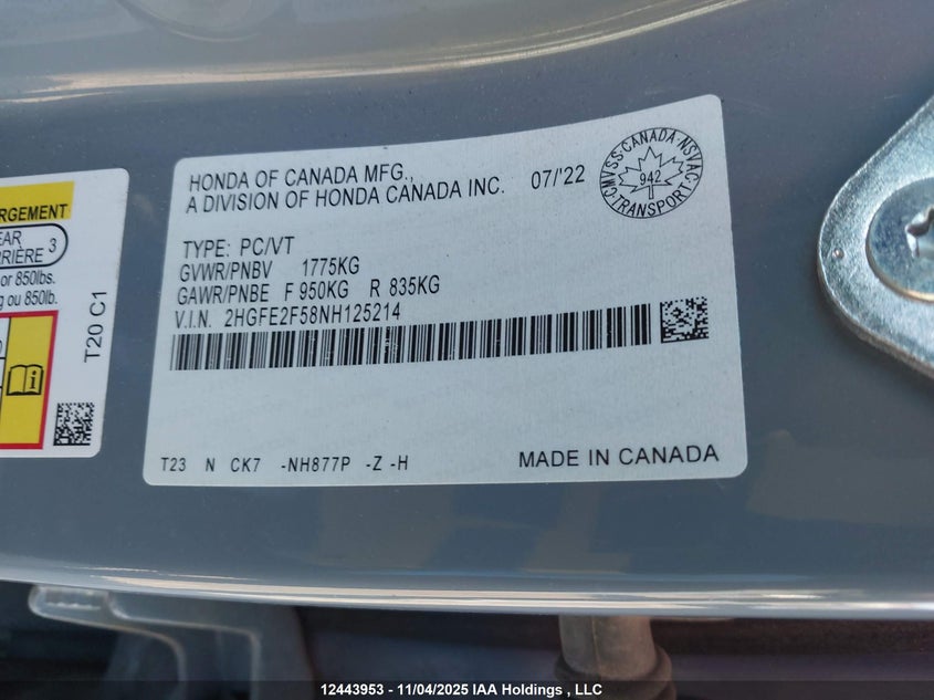 2HGFE2F58NH125214 2022 HONDA CIVIC photo no. 9
