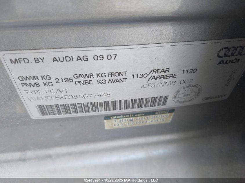 2008 Audi A4 S-Line 2.0T Quattro Turbo VIN: WAUEF68E08A077848 Lot: 12443961