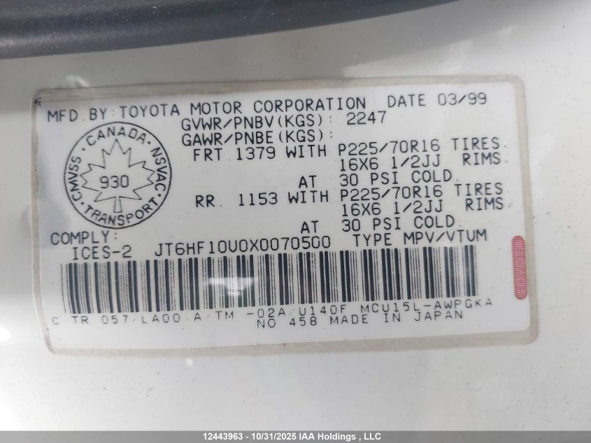 1999 Lexus Rx 300 300 VIN: JT6HF10U0X0070500 Lot: 12443963