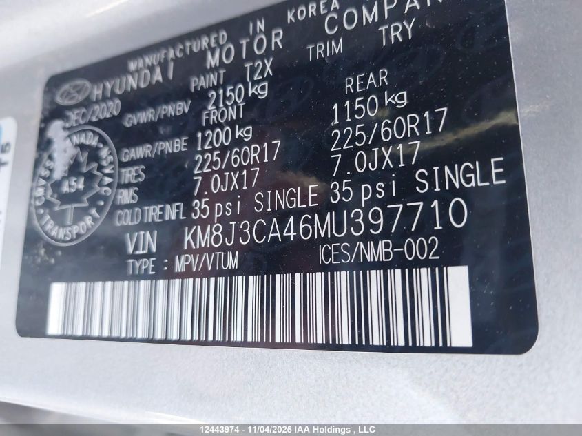 2021 Hyundai Tucson Preferred Awd VIN: KM8J3CA46MU397710 Lot: 12443974