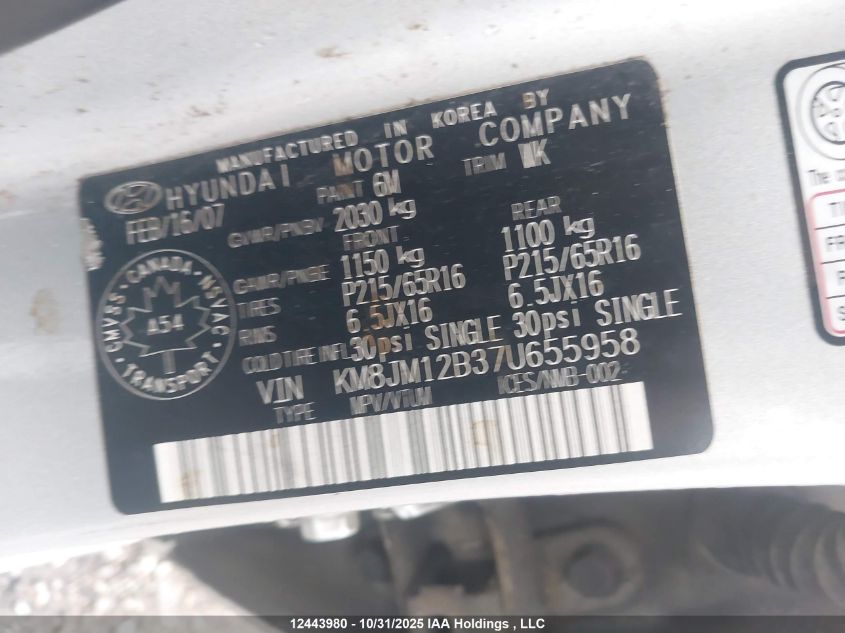 2007 Hyundai Tucson Gls VIN: KM8JM12B37U655958 Lot: 12443980