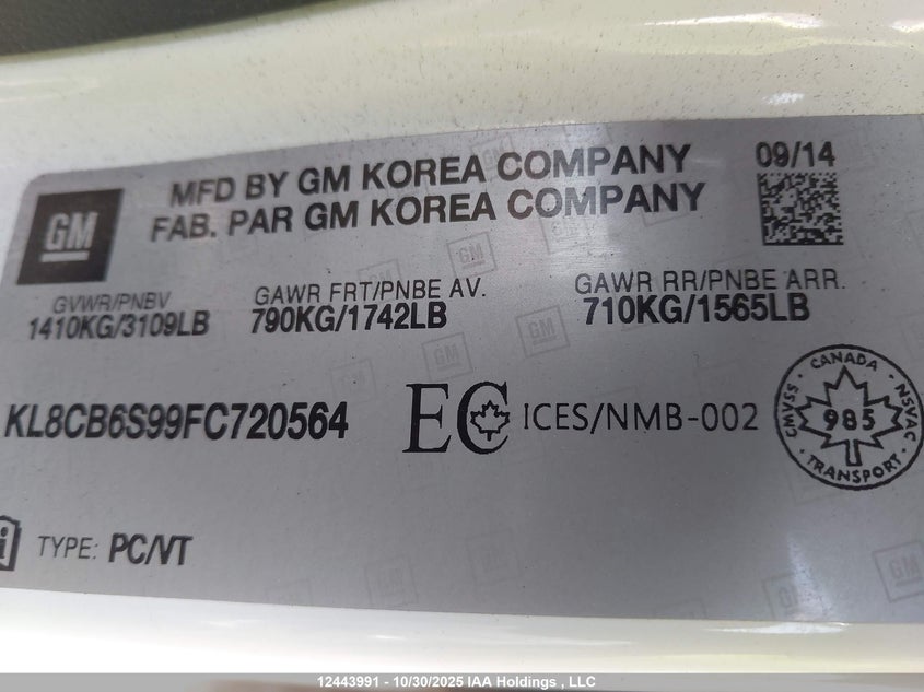 2015 Chevrolet Spark Ls Cvt VIN: KL8CB6S99FC720564 Lot: 12443991